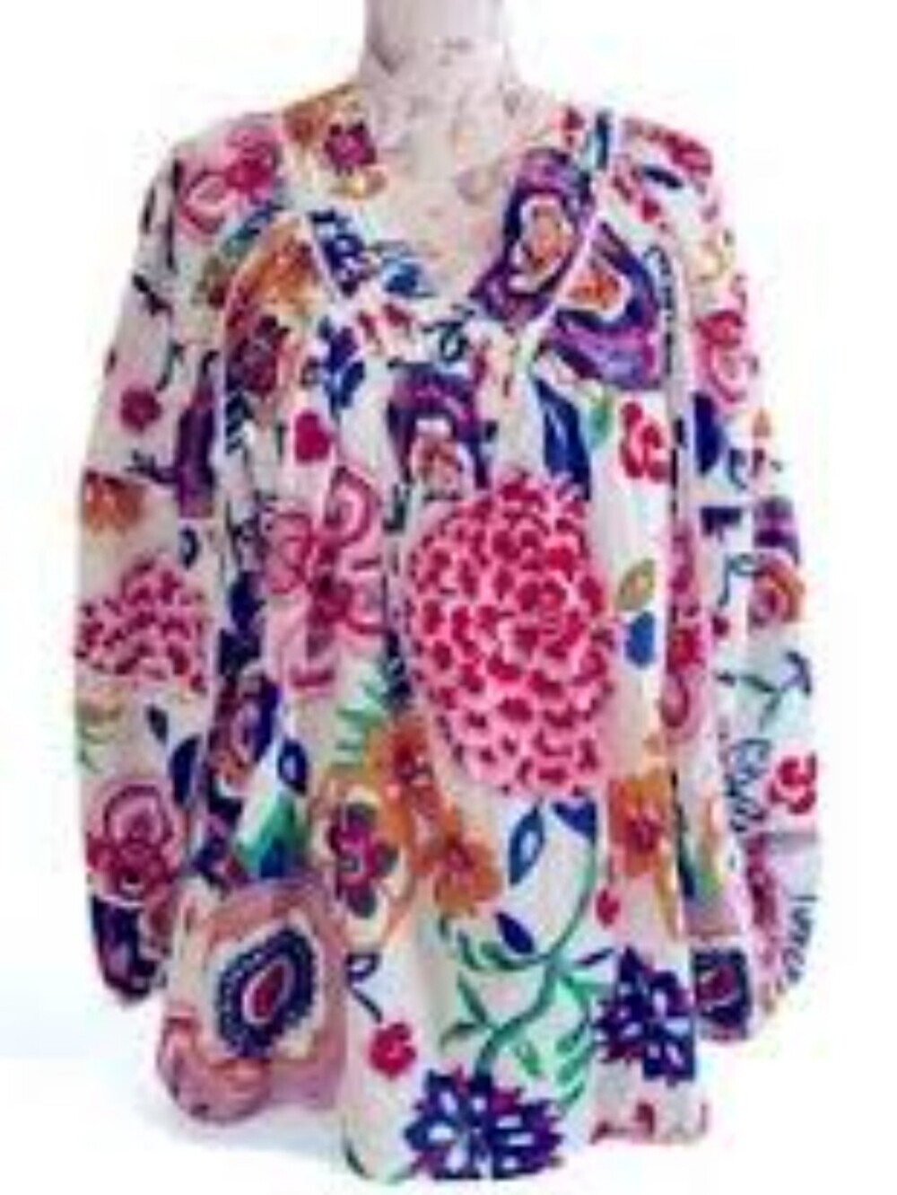 Kaktus White Floral Peasant Blouse with Pink & Blue Accents